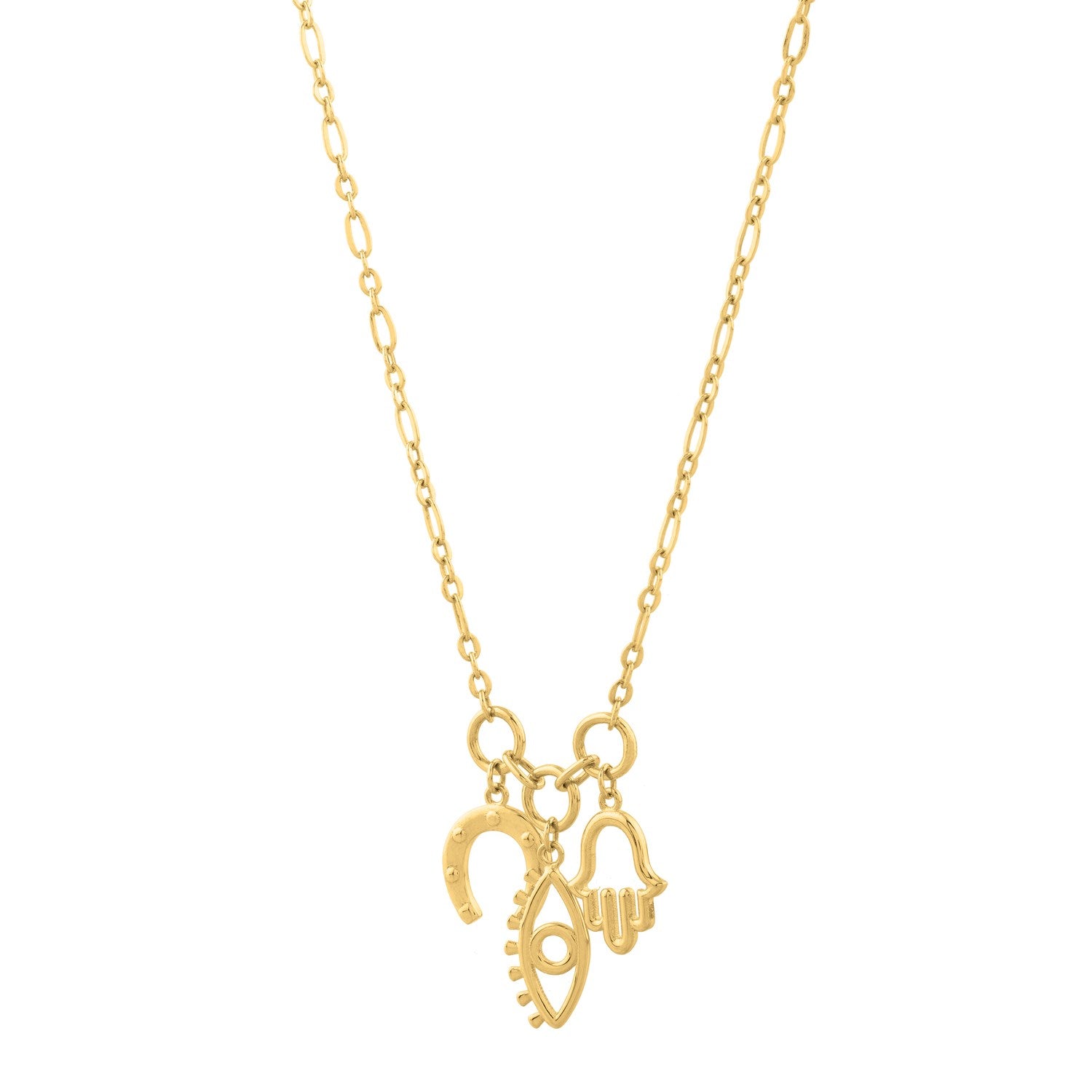 Drop Necklace with Lucky Charms in 14K Yellow Gold in a sleek high-contrast midnight luxury editorial style